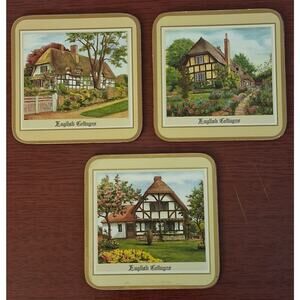 Pimpernel England 3 Drink Beverage Acrylic Coasters English Cottages Cork Back